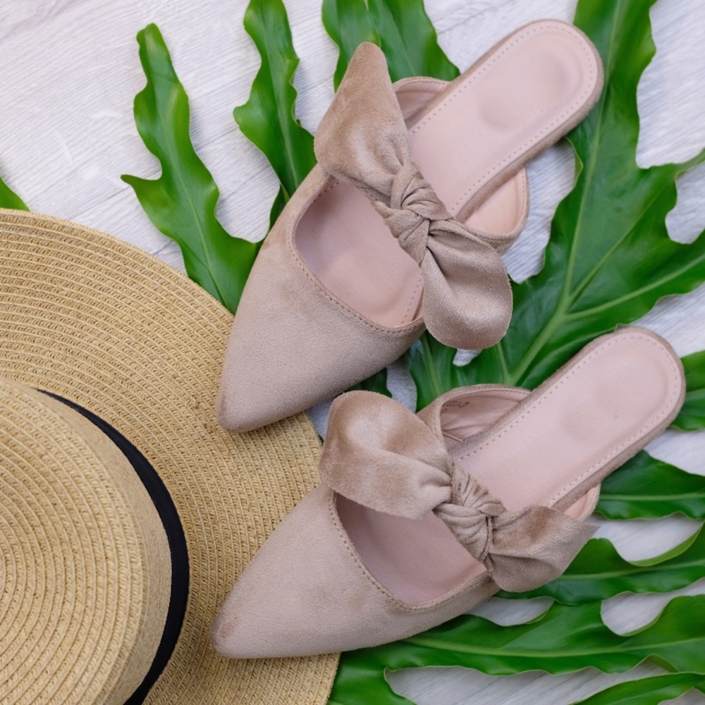 Nude Suede Pointed Toe Bow Mules
